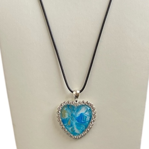 Handmade Blue Fluid Art Heart Pendant Necklace Silver Tone Rhinestone Frame - Picture 4 of 10
